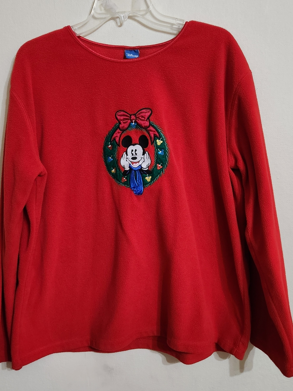 Vintage Disney Red Fleece Crewneck Sweater with Mickey Wreath